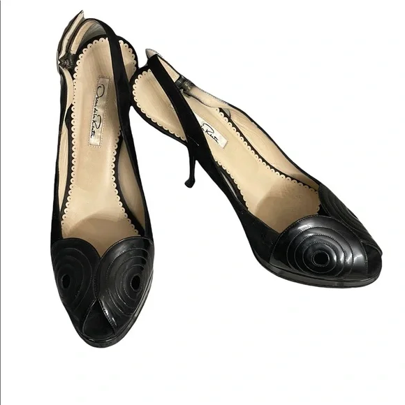 Oscar De La Renta blackPump Platform Open Toe Heels Size 40.5 USA 10.5